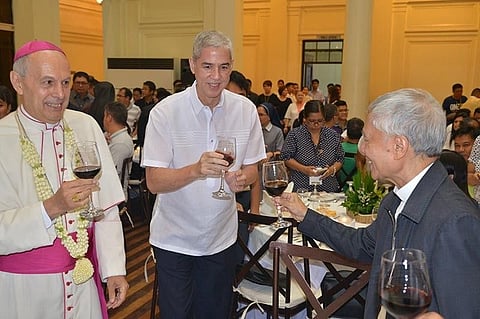 His Grace, Archbishop Gabriele Giordano Caccia, Gov. Bong Lacson, and Bishop Patricio Buzon lead the ceremonial toast during the welcome dinner. (Contributed photo)