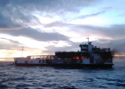 CEBU. Three persons were confirmed dead after passenger vessel M/V Lite Ferry 16 caught fire in the seawaters off Dapitan City hours after it left Samboan town, Cebu. (Screenshot from Fred Castro's Facebook Live video)