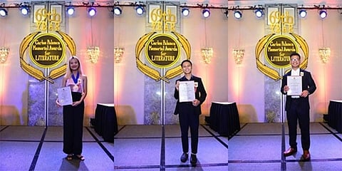 MAKATI CITY. (Left to right) Winners of the Kabataan Division Sanaysay category Marielle M. Calicdan, Mark Andy Pedere and Adrian Pete Medina Pregonir at the 69th Carlos Palanca Memorial Awards for Literature awarding ceremonies, held at the Rigodon Ballroom of The Peninsula Manila in Makati City. (Contributed Photo)