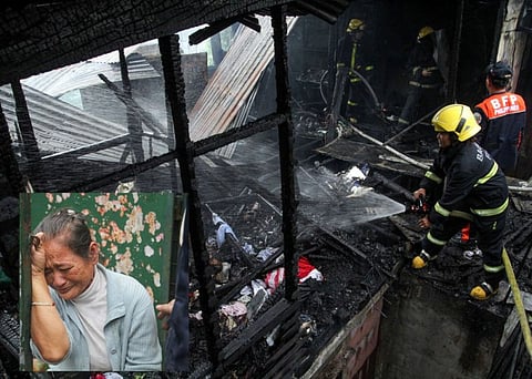 BAGUIO. Firefighters contain a fire which gutted a 600-square meter property owned by Veronica Knight (inset) at #36 Queen of Apostle Lourdes Proper. (Photo by Jean Nicole Cortes)