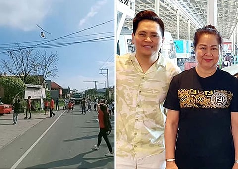 PAMPANGA. (Left photo) Businessman Raymond Ronquillo's hovers above Sto. Tomas town showering folks with paper bills as early Christmas gifts. (Right photo) He, along with her mother, Sto. Tomas Mayor Gloria Ronquillo, played real life Santa Claus. (Contributed photo and Chris Navarro)