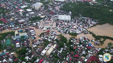 SURIGAO DEL SUR. Aerial view of the flooded communities in Surigao del Sur on February 21, 2021 due to "Auring", a weather system that intensified into a severe tropical storm but soon weakened into a tropical depression as it approached the country's eastern seaboard. (From the Facebook of Surigao del Sur Governor Alexander Pimentel)