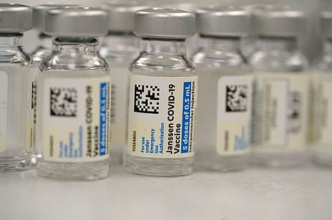 USA. This March 6, 2021 file photo shows vials of Johnson & Johnson Covid-19 vaccine in the pharmacy of National Jewish Hospital for distribution in east Denver. (AP)