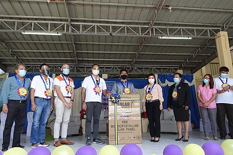 DONATION. Vivant Foundation donates electrical installation and maintenance solar equipment and tools to Cordova National High School (CNHS) in Cordova, Cebu on March 8, 2021. The turnover ceremony was attended by (from left) Jake Marquez, community relations consultant of Vivant Corp.; lawyer Jess Garcia, senior vice president for business development-infrastructure of Vivant Corp.; Shem Jose Garcia, Vivant Foundation executive director; Arlo A.G. Sarmiento, Vivant Corp. president; Department of Education (DepEd) 7 Director Salustiano Jimenez; Cordova Mayor Mary Therese Sitoy-Cho; Dr. Marilyn S. Andales, Schools Division superintendent of DepEd Cebu Province; Evelyn Malubay, CNHS Principal; and Isaiah T. Wagas, education program supervisor - division of Cebu Province. (Contributed)