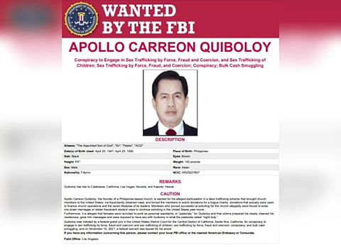 MOST WANTED.  the United States Federal Bureau of Investigation (FBI) has included Kingdom of Jesus Christ founder Pastor Apollo C. Quiboloy and two of his church associates on its most wanted list. (Photo courtesy of FBI)