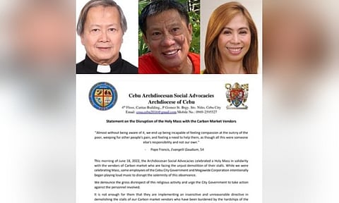 CEBU. (Clockwise) Fr. Ace Vocales, Councilors Nestor Archival and Joy Pesquera and the Archdiocese of Cebu's statement on the disruption of the Holy Mass with the Carbon Market vendors. (Contributed photos/file photos)