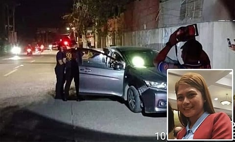 BRAZEN ATTACK. Personnel from the Philippine National Police's Scene of the Crime Operatives examine the car where Cebu Port Authority lawyer Karen Quiñanola-Gonzales (inset) and her 19-year-old son were found after two unidentified gunmen riding a motorcycle ambushed them on Hernan Cortes St., Barangay Banilad, Mandaue City on Thursday night, September 1, 2022. (Mandaue City Police Office/Cebu Port Authority (inset)