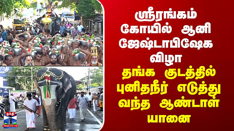 Srirangam|ஸ்ரீரங்கம் கோயில் ஆனி ஜேஷ்டாபிஷேக விழா- தங்க குடத்தில் புனிதநீர் எடுத்து வந்த ஆண்டாள் யானை
