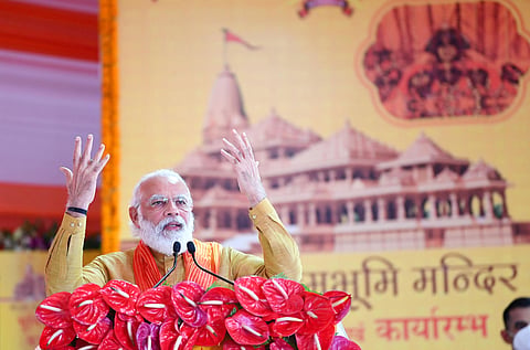 The Prime Minister, Shri Narendra Modi addressing at the foundation stone laying ceremony of Shree Ram Janmabhoomi Mandir, in Ayodhya, Uttar Pradesh on August 05, 2020. Source: PIB