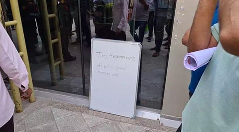 Notice outside a hospital in Ahemdabad that they have run out of Amphotericin B, a drug used to treat  Mucormycosis.