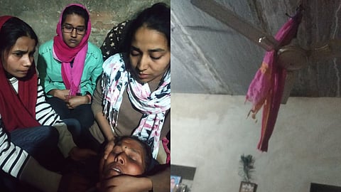 विलाप करते परिजन और वह पंखा जिसमें फांसी लगाया गया था. 