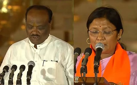 राज्य मंत्री की शपथ लेते आदिवासी सांसद डीडी उइके एवं सवित्री ठाकुर. 