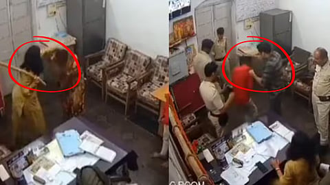 थाने में दलित महिला और उसके बेटे की पिटाई करते पुलिसकर्मी 