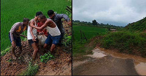 MP: रीवा में बारिश ने खोली सिस्टम की पोल: सड़क धंसी तो गांव से टूटा संपर्क, बीमार बच्चे को पोटली में बांधकर 2-3 किमी पैदल ले गए परिजन