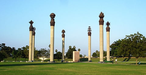 Seven pilliars, each featuring a human value surrounds the site of the blast, at the Rajiv Gandhi memorial 