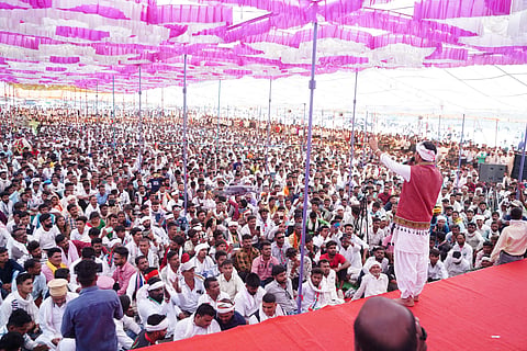 BAP candidate Rajkumar Roat addressing a massive rally in Banswara constituency. 