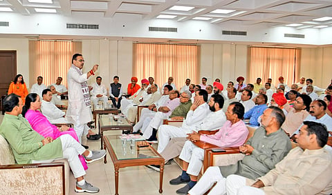 Rajasthan CM Bhajanlal addressing the legislators. 