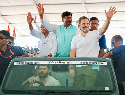 LoP Rahul Gandhi, RJD leader Tejashwi Yadav, Bihar Congress President Rajesh Kumar during "Voter Adhikar Yatra" in Sasaram on Sunday.