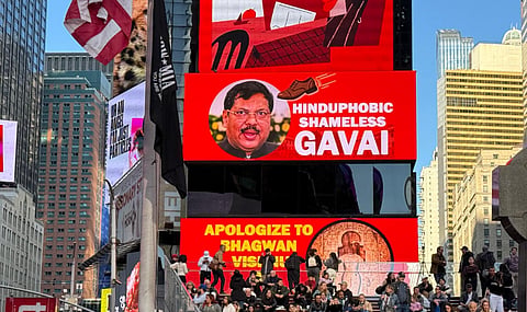 NRIs display messages against CJI Gavai over alleged Hinduphobic remarks.
