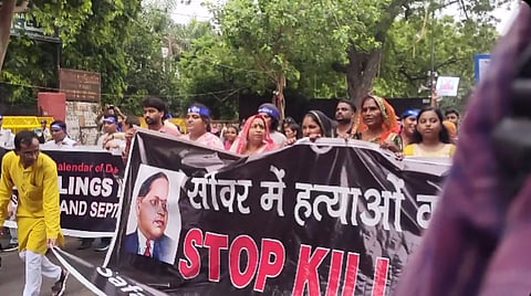 Safai Karmacharis from more than 10 states, families of persons killed in sewer & septic tanks, MPs, civil society, writers, students, gathered at Jantar Mantar to condemn the continuing illegal practice of forcing citizens into cleaning of sewer & septic tanks, and getting killed.