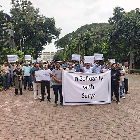 IIT Bombay faculty members held a march supporting Prof. Suryanarayana Doolla, saying he followed Senate-approved exam procedures when he reported second-year student Sahil Wakode for alleged phone use during an exam on Sept 18.