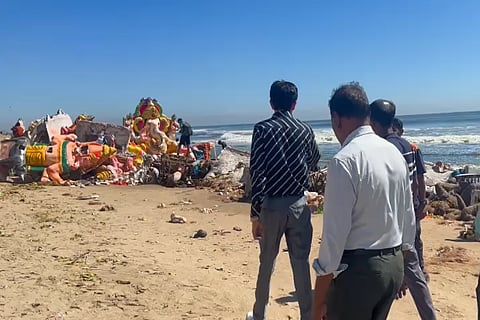 Ganesha idols washed ashore in Chennai's Pattinapakkam beach