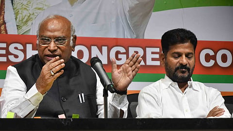 Congress president Mallikarjun Kharge and Telangana Congress chief Revanth Reddy
