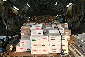 Medical aid and disaster relief material in an Indian Air Force flight.