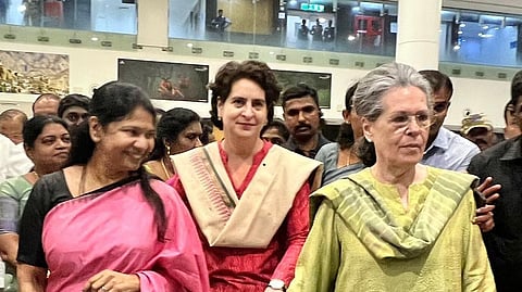 Kanimozhi Karunanidhi with Priyanka Gandhi and Sonia Gandhi 