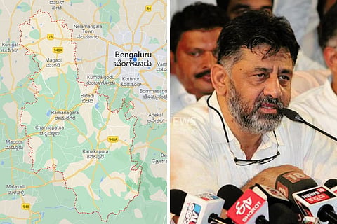 Collage of map of Ramanagara district and DK Shivakumar