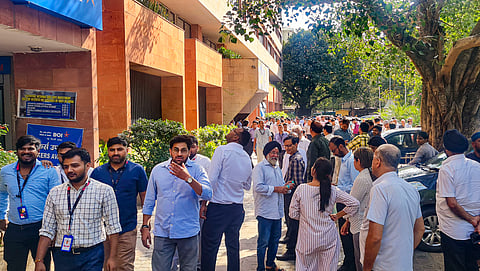 People gathered outside a building