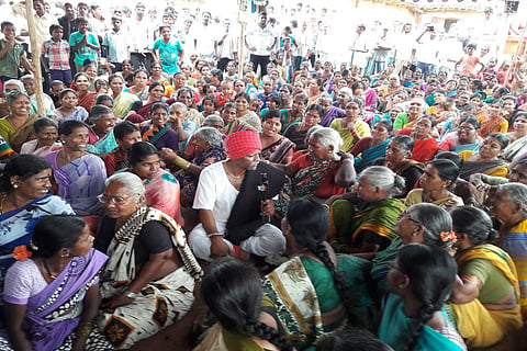 Elderly people stage protest against Mallana Sagar reservoir. 