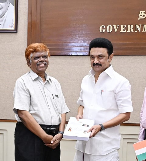 Retired Justice K Chandru handing over the report to Tamil Nadu Chief Minister MK Stalin