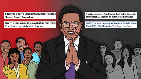 CJI Chandrachud with headlines on the Supreme Court from 2023.