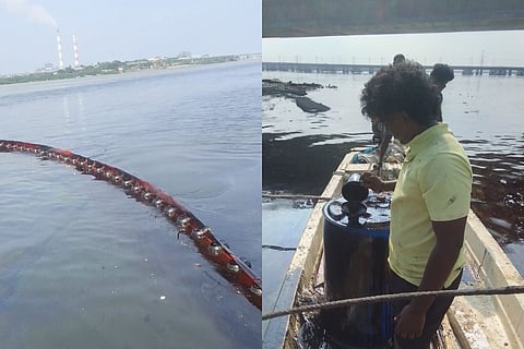 A fisherman from Ennore pour the oil mixed water into a drum 