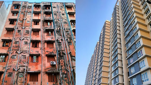 One of the blocks of the resettlement colony (left) and Embassy Residency in Perumbakkam
