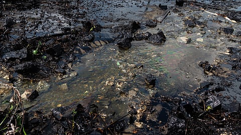 River bed contaminated with oil