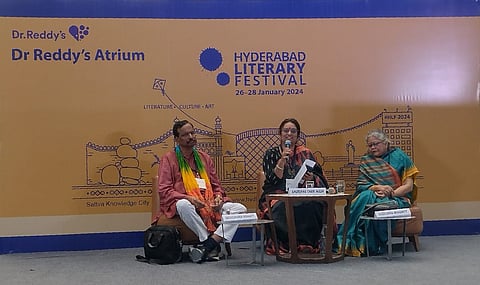 (L-R) Prof Sachidananda Mohanty, moderator Anurekha Chakri Wagh and translator Sudeshna