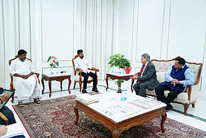 Telangana Chief Minister A Revanth Reddy in a meeting with NITI Aayog's Vice-Chairman Suman Kumar Bery.