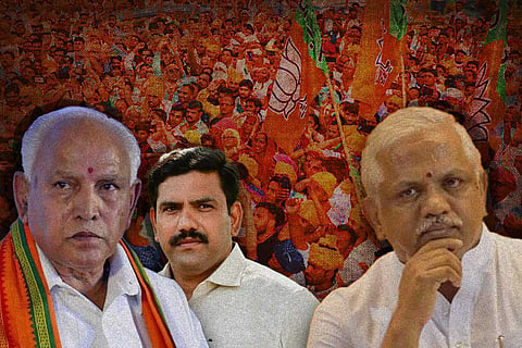 BJP leaders BS Yediyurappa, BY Vijayendra and BL Santhosh 