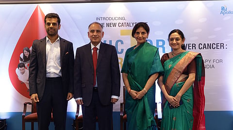from Left to Right -

Mr Harshad Reddy, Director - Group Oncology & International, Apollo Hospitals Enterprise Ltd, Dr. T Raja, Director of Medical Oncology at Apollo Cancer Centre, Chennai, Dr Preetha Reddy, Executive Vice Chairperson, Apollo Hospitals Enterprise Ltd, Dr Revathi Raj, Senior Consultant - Paediatric Haematology Oncology, Apollo Cancer Centre, Chennai were present during the press conference in Chennai.