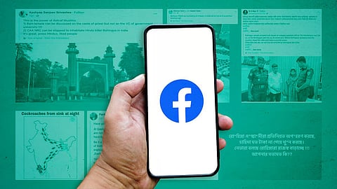 A mobile phone with Facebook open. In the background are screenshots of hate speech targeting Rohingya refugees/Gobindh VB