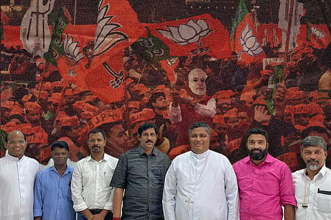 Thalassery Bishop Joseph Pamplany with Kannur BJP President N Haridas, Kannur Minority Morcha State secretary Arun Thomas, Ayyankkunnu Panchayath member Jose A One and others