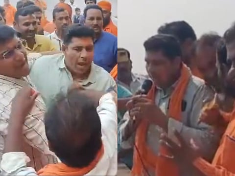 Vemilion forcibly applied on school principal Jaimon Joseph (on left). He was coerced into wearing a saffron scarf and chant Jai Shri Ram (on right)