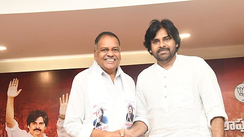 Former Andhra Pradesh Deputy Speaker Mandali Buddha Prasad with Jana Sena Party chief Pawan Kalyan