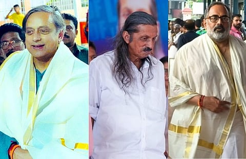 A collage of Shashi Tharoor, Pannyan Raveendran and Rajeev Chandrasekhar