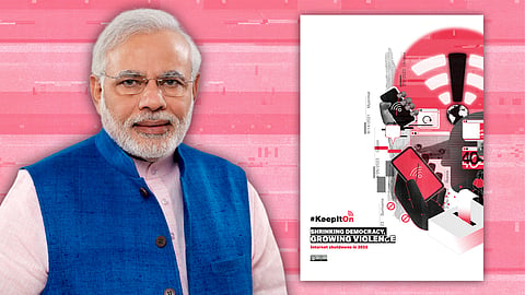 Modi with an image of the report by Access Now and #KeepItOn coalition.