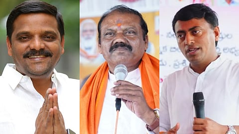 (From left to right)  Chintapandu Naveen, alias, Teenmaar Mallanna of Congress, G Premender Reddy of BJP and A Rakesh Reddy of BRS 