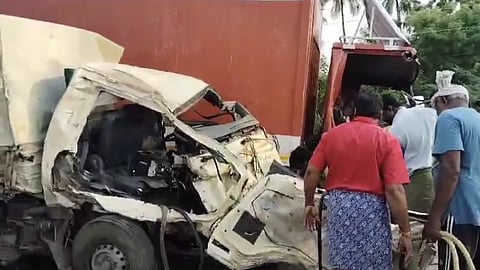 A mini truck carrying people collided with a container truck travelling in Krishna district.