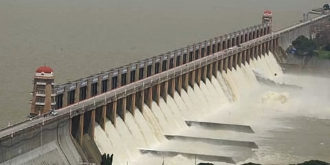 A view of Tungabhadra dam as water was let out from all 33 gates on Sunday (August 11). Photo: By special arrangement

